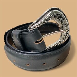 Cavenders Mens Black Leather Western Belt Silver Tone Engraved Buckle Size M/34